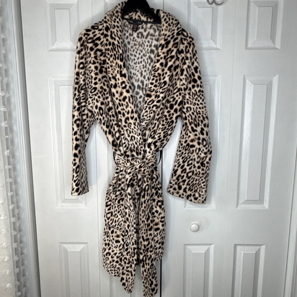 Victoria's Secret Leopard Print Faux Fur Belted Tie Robe Collared Long M/LG